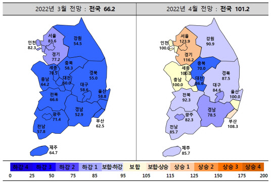 2022년 4월 주택사업경기실사지수(HBSI) 동향. <주택산업연구원 제공>